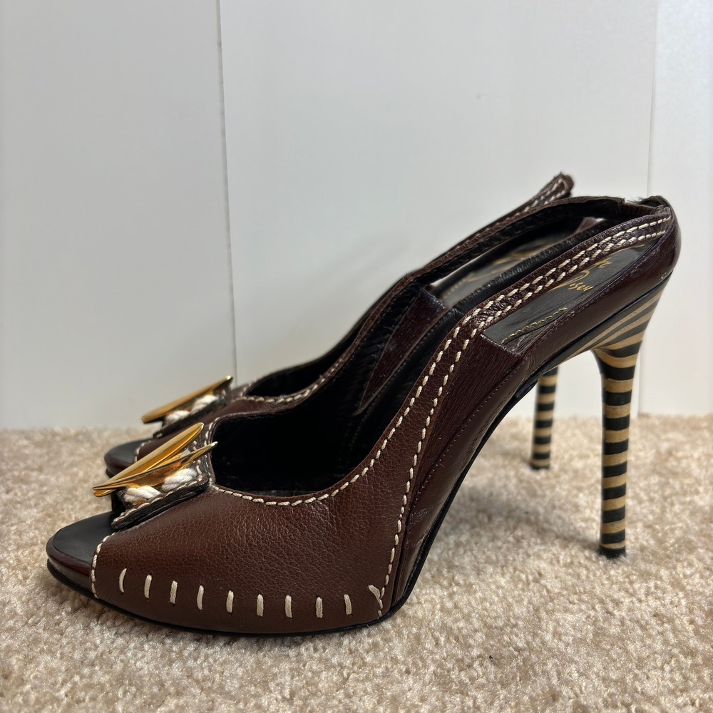Zac Posen Brown Leather Peep Toe Slingback Y2K Striped Heels Size 7 - Picture 13 of 13